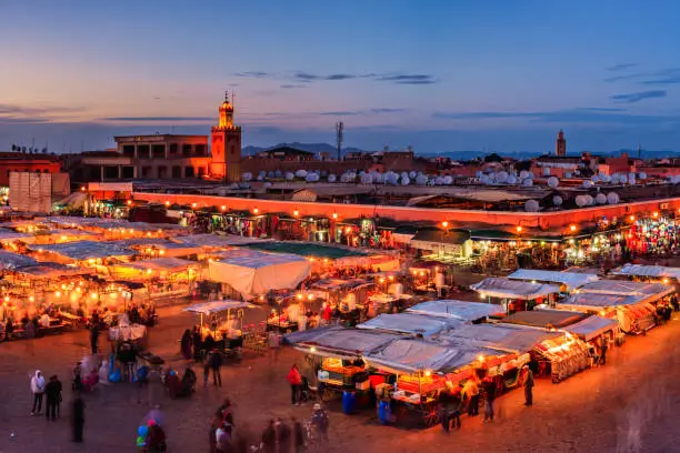 Djemaa el-Fna square in Marrakech at dusk