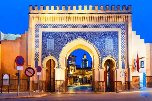 The iconic blue gate of Bab Bou Jeloud, the entrance to the Fes el-Bali medina.